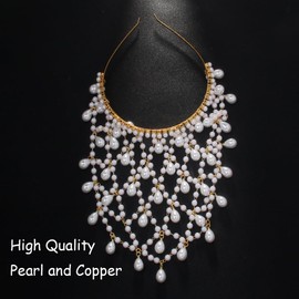 STONEFANS 1920s Vintage Pearl Head Chain for Women Carnival Water Drop Flapper Headpiece Cap Gatsby Headband Chain Jewelry (Gold)