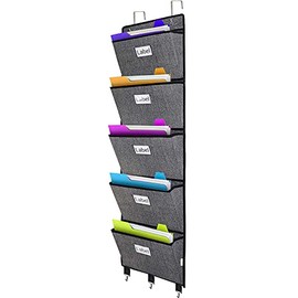 Over The Door File Organizer, Hanging Wall Mounted Storage Holder Pocket Chart for Magazine, Notebooks, Planners, Mails, 5 Extra Large Pockets(Black with Pattern)