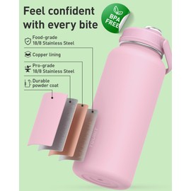 TOURIT 32 oz Insulated Water Bottle, Stainless Steel Sports Water Bottles With Top Handle, Double-Wall Travel Thermal Water Flask, BPA Free Leakproof Water Bottle for Sports and Travel,Pink