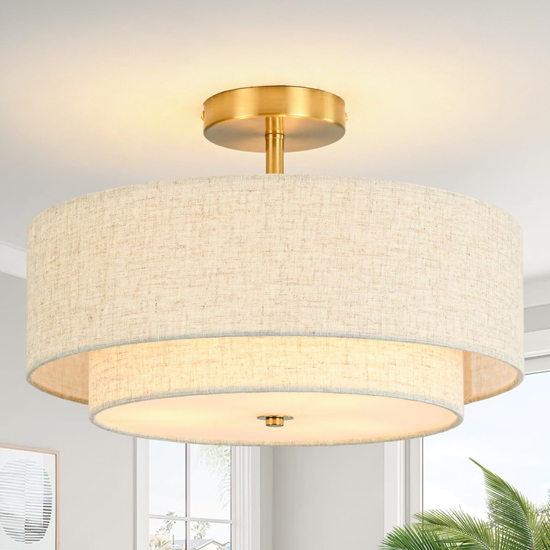 16" Semi Flush Mount Ceiling Light, 3-Light Gold Drum Ceiling