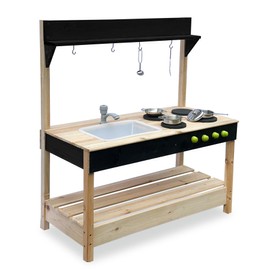 K LUCKIDS Mud Kitchen Playset for, Outdoor Wooden Toy Play Kitchen Set for Boys and Girls, Kitchen Accessories and Garden Sink with Faucet, Blackboard, Cookware Pot (Black1)