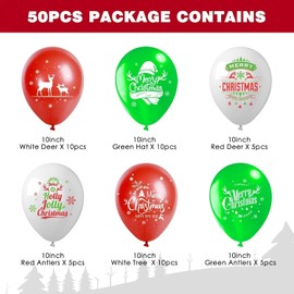 OWill 50PCS Christmas Balloons Decorations,Christmas Party White Red and Green Latex Balloons,6 Merry Xmas Style for Christmas Decoration Party Supplies Party Merry Christmas Balloons for Kids