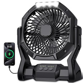 Portable Rechargeable Fan, 20000mAh Battery Powered Camping Fan with LED Light & Hook, 270° Adjustable, 4-Speed, 4H Timer Camping Essentials for Outdoor Tent Travel BBQ Car, Gifts for Men Dad
