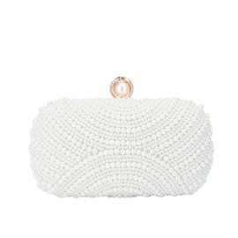 Fecialy Women's Pearl Clutch Purses Evening Handbags Clutch Wedding Crystal Shoulder Bag with Pearl Necklace, White