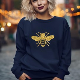 Pink Positive Gold Bumble Bee Printed Navy Blue Sweatshirt, Perfect Presents for Mum, Glitter Gold Bee Jumper - Unique Bee Gifts for Her (M)