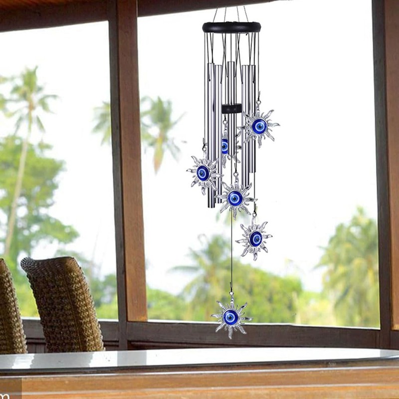Blue Evil Eye Heart Wind Chimes, Metal Tubes Hanging Ornaments,