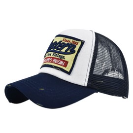 LONGTEN Half Mesh Baseball Cap Vintage Washed Denim Trucker Cap Embroidery Western Cotton Sun Hat Adjustable Unisex Navy