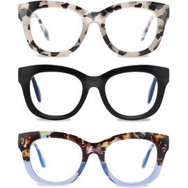 LADEESSE Readers for Women Oprah Style 3 Pack Square Oversized Reading Glasses with Spring Hinge Blue Light Blocking Ladies (Black+Grey+Blue, 0.00)