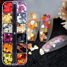 12 Grids Valentine's Day Nail Art Glitter Sequins 3D Holographic Heart Nail Glitter Flakes Romantic Colorful Nail Sequins Valentines Day Nail Supplies for Women DIY Nail Decorations Accessories