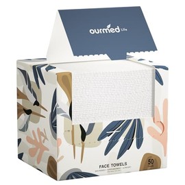 Ourmed Life Toalla facial desechable, pañuelos faciales, toallas limpias, biodegradables, sin pelusas, toallitas desmaquillantes secas, súper suaves y gruesas para pieles sensibles, tamaño grande de 10 x 12 pulgadas, 50 unidades