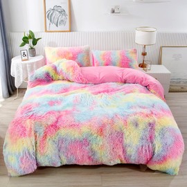 RYNGHIPY 3Pcs Rainbow Girls Bedding Sets Twin Size Ultra Soft Long Hair Plush Shaggy Duvet Cover with Pillowcases Colorful Tie Dye Bedding Set with Hidden Zipper Closure (Colorful Pink,Twin)