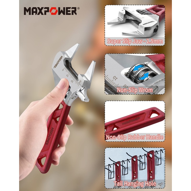 MAXPOWER Adjustable Spanner 150mm/6-Inch, Slim Jaw Adjustable Wrench with MAX.