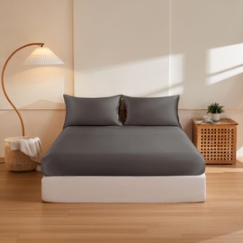 THXSILK Full Silk Fitted Sheet 3Pcs Set, 6A+ Top Grade 100% Pure Mulberry Silk Bed Sheets Set Luxury Bedding Sheet for Hair and Skin, 1 Fitted Sheet with 2 Pillowcases, Charcoal