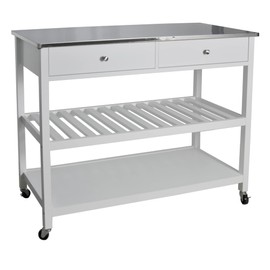 Redmon Mobile Kitchen Island with Two Large Open Shelves, Two Drawer, Stainless Steel Top, White