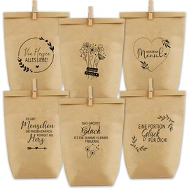 12 x Geschenktüte mit liebvollen deutschen Sprüchen | Food-Safe Papiertüte mit 6 Motiven | Für kleine Geschenke & Aufmerksamkeiten an Lehrer, Kollegen, Freunde & mehr – ideal für jeden Anlass