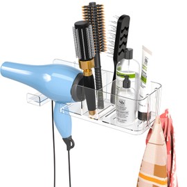 Clear Hair Dryer Holder, Blow Dryer Hanger Wall Mounted for Hair Dryer Hook with Plug&Cord Organizer Self Adhesive for Cabinet Door and Bathroom Organizer and Storage,Pack of 1