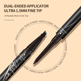 Music Flower Dual-Ended Microfilling Eyebrow Pen, Liquid Eyebrow Pen with 4 Micro Brush-Tip Applicators & Brow Defining Pencil with Precision Tip (Black)