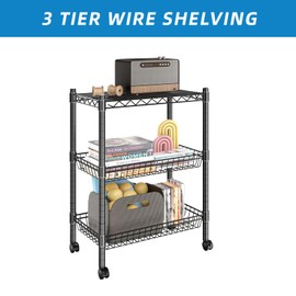 Guan River 3 Tier Wire Shelving Wire Basket Shelf Storage Shelf Adjustable Metal Shelf 2 Bottoms for Choose(Castor or Leveling Feet) for Office,Kitchen,Bedroom,Black(23.23" L x 13.11" W x 32.28" H)