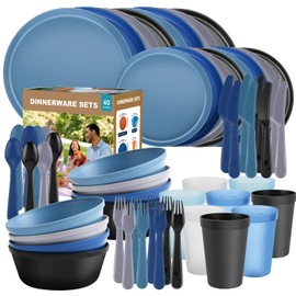 Juego de vajilla de plástico de 40 piezas para 8 con cubiertos, juego de platos y cuencos irrompibles, juego de platos reutilizables apto para lavavaj