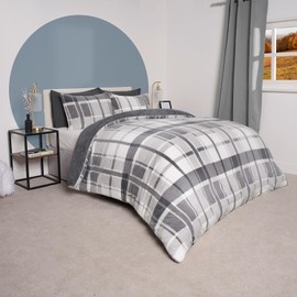 OHS Christmas Duvet Set Single Check Teddy Fleece, Grey Winter Bedding Set Single Duvet Cover Warm Soft Comfy Fluffy Bedding with Pillowcase Quilt Cover