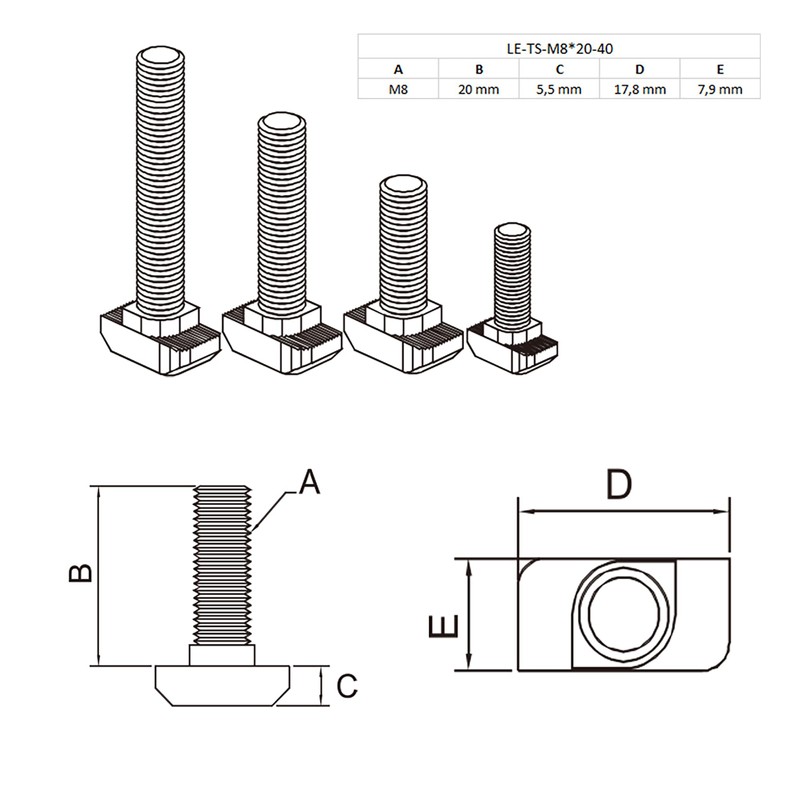 Hammer Screw T-Screw M8 20 mm Nut 8 for Aluminium