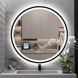 S·BAGNO 28’’ Round Led Bathroom Mirror with Lights, Bathroom Vanity Wall Mirror with Buletooth, Anti-Fog, Stepless Dimmable, 3 Colors, Tempered Glass Lighted Makeup Mirror for Bathroom