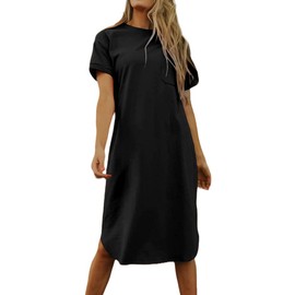 Dyexces Summer Dress for Women Crew Neck Short Sleeve Solid Basic T-Shirts Casual Midi Dresses with Pocket Black