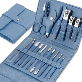 Leipple Manicure Set 16 Pieces Professional Nail Clippers Kit Pedicure Kit - Stainless Steel Nail Care Tools with Luxury Leather Travel Bag (Blue)