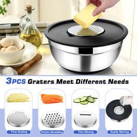 TeamFar Mixing Bowls Set of 5, Stainless Steel Nesting Mixing Bowl with Lid & 3 Grater Attachments for Salad Mixing/Food Storage, Healthy, Airtight Lid & Non-slip Bottom - 4.6/3.5/2.5/1.5/1 QT