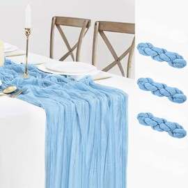 3 Pack Baby Blue Table Runner Boho Gauze Cheesecloth Table Runner 120 Inches Long Light Blue Cheese Cloth Runner for Wedding Bridal Baby Shower Birthday Party Easter Decor