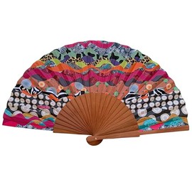 Tusitala Barcelona - Patchwork Collection Hand Fan - Made of Wood and Cotton - 100% Spanish Craft - Includes Natural Jute Bag - Handmade Fashion Accessory - 23 cm, Olas
