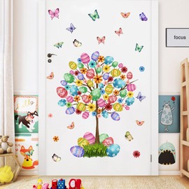 YIMEHDAN Large Colorful Easter Tree Wall Decal, Happy Easter Eggs Butterfly Flower Vinyl Wall Stickers, Removable Garden Spring Tree Artwork for Kids Bedroom Decor Living Room Easter Party Supplies