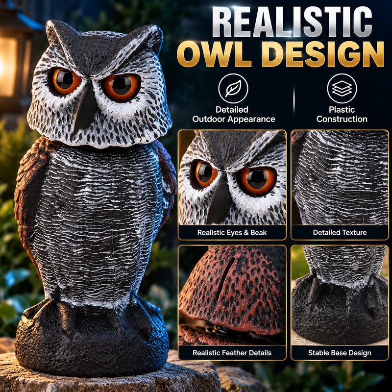 Owl Decoy for Outdoor Bird Deterrence – Shake-Head Plastic Owl