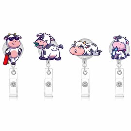 Cute Retractable Badge Holder Reel,Cow Badge Reel - Clip-On Name Badge Tag with Belt Clip, ID Card Holder for Office Workers, Doctors, Nurses,Medical Students and Students