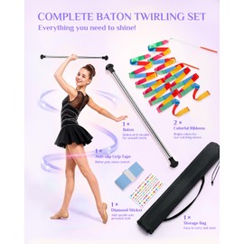 Quynhni Twirling Baton, 30-Inch Spinning Dance Baton Stainless Steel Majorette Baton for Kids Beginners | Includes 1 Gymnastics Wand & 2 Dance Ribbons & 1 Grip Tape and Diamond Sticker (30inches)