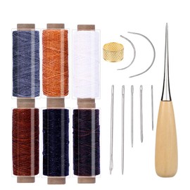 RMTIME Wax Thread Leather Craft Set of 15 Leather DIY Handmade Sewing Wax Thread Diameter 0.03 inch (0.8 mm) Length 166.9 ft (50 m) 6 Colors Needle for Sewing Thread Finger Protection Wheel Leather Tool Craft