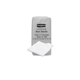 Cotton Gauze Swabs, Non-Sterile,White,8 Ply 17 Threads Pack of 100 7.5 CM