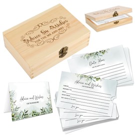 1DFAUL 120 Pcs Advice and Wishes for the Mr and Mrs, Greenery Bridal Shower Advice Cards, Wedding Advice Cards for Bride and Groom Wood Box, Bridal Shower Games and Decorations