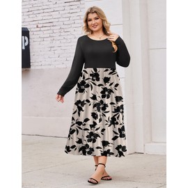 IN'VOLAND Women Plus Size Casual Long Sleeve Crew Neck Fall Dress Floral Flowy Maxi Dresses Tiered Cocktail Dress