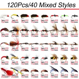 Qievcrme Fly Fishing Flies Kit 40/137pcs Dry/Wet Flies Assortment Nyphms Popper Streamer for Trout Bass Steelhead Fish+ Fly Box (120Pcs-40 Mixed Styles)