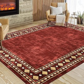 NANAN Modern Rug 9x12 Large Geometric Bordered Area Rugs for Living Room Bedroom Low Pile Office Border Rug Minimalist Abstract Carpet Non Slip Farmhouse Area Rugs Red