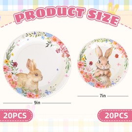 FYSUIMU 40Pcs Easter Paper Plates Bunny Floral Disposable Plates 9 Inch & 7 Inch Rabbit Flower Dinner Plates for Spring Baby Shower Birthday Party Supplies