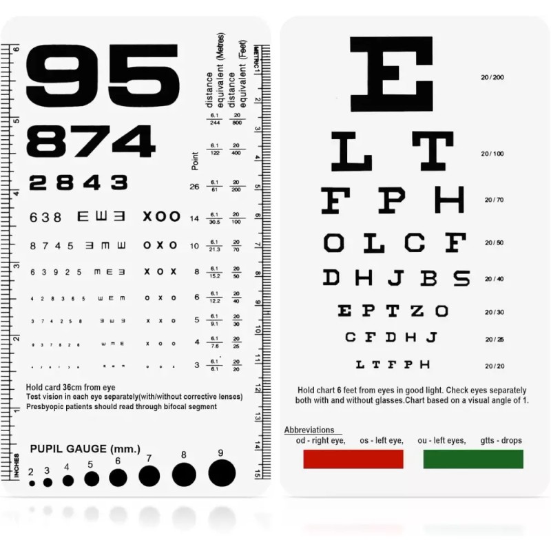 Snellen Rosenbaum 포켓 차트 - 시력 검사용 스넬렌 로젠바움 6.5x3.5인치