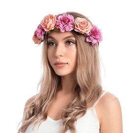 Yheahin Rose Flower Crown Headband for Women Handmade Floral Wreath Hair Band Beach Bridal Wedding Party Flower Headpiece Photo Props (Rose pink, Adjustable)