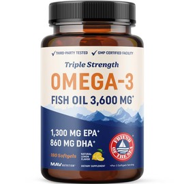 Triple Strength Omega 3 Fish Oil 3600 mg | EPA & DHA | Over 2100mg Omega-3 Fatty Acids | 1300mg EPA + 860mg DHA | Best Essential Fatty Acids | Premium Wild Caught & Burpless Fish Oil | 180 Ct