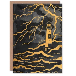Artery8 Greeting Card Lighthouse Lightning Storm Gold Contrast Painting Blank For Him Or Her Art Birthday Card