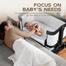 BabyBond Baby Bassinet, 3 in 1 Bassinet Bedside Sleeper with Washable Soft Mattress and Sheet, 6 Height Adjustable Bedside Crib, 4-Sided Mesh Bedside Bassinet for Baby