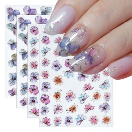 4 Sheets Purple Gold Flower Nail Art Stickers 5D Embossed Flowers Self-Adhesive Pegatinas Uñas Colorful Petals Nail Decals Purple Flower Nail Stickers for Women Nail Art Decoration
