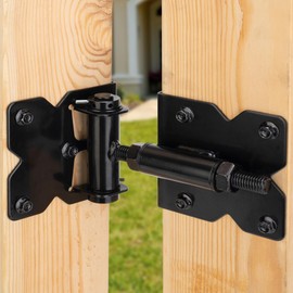 YONSIN 2pcs Self Closing Gate Hinges Heavy Duty Hardware for Wooden Fence Gates Vinyl, 90 Degree Adjustable Spring Gate Door Hinges Kit with Swing Adjuster Tool and Self-Tapping Screws, Black