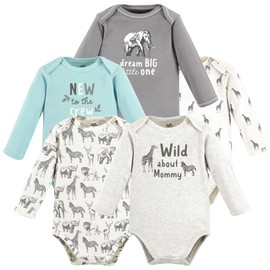 Touched by Nature Unisex Baby Organic Cotton Long-Sleeve Bodysuits, Neutral Safari, 0-3 Months